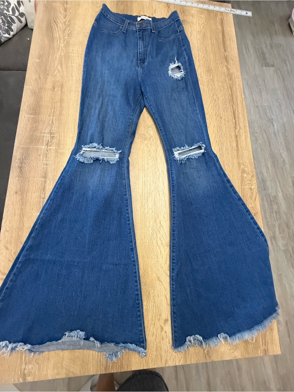 Vibrant Dark Blue Distressed Flare Jeans